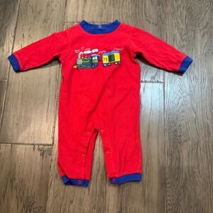 Vintage Simply Basic Baby Train Romper 3-6 Months Red Blue One Piece Cotton
